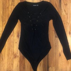 Boohoo black lace up bodysuit (size US 2)
